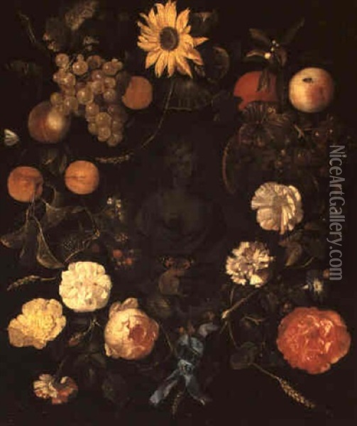 Still Life Of A Festoon Of Fruit And Flowers Adorning A     Stone Niche With A Female Bust Oil Painting - Reinier De La Haye