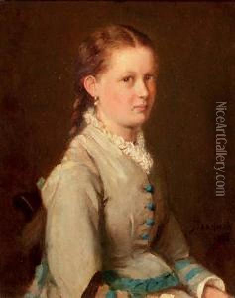 Portrait Of A Girl In A Blue And White Dress Oil Painting - Jacob Taanmann