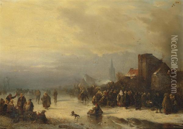 Merrymaking On A Frozen Waterway Oil Painting - Carl Hilgers
