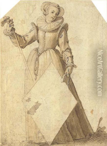 A Woman Wearing A Ruff And Bonnet And Holding A Lozenge-shapedescutcheon Oil Painting - Joachim Wtewael (Uytewael)