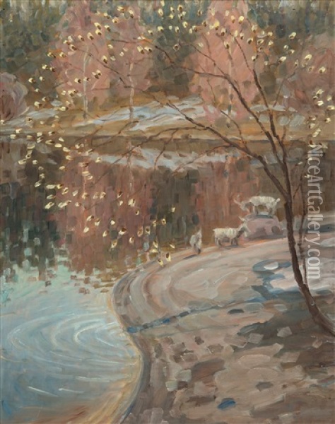 Sheep On A Springlike Riverbank Oil Painting - Jonas Heiska
