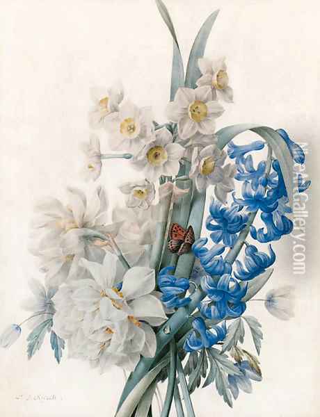 A Bunch of Flowers including Bluebells, Daffodils, and an Admiral Butterfly Oil Painting - Pierre-Joseph Redoute