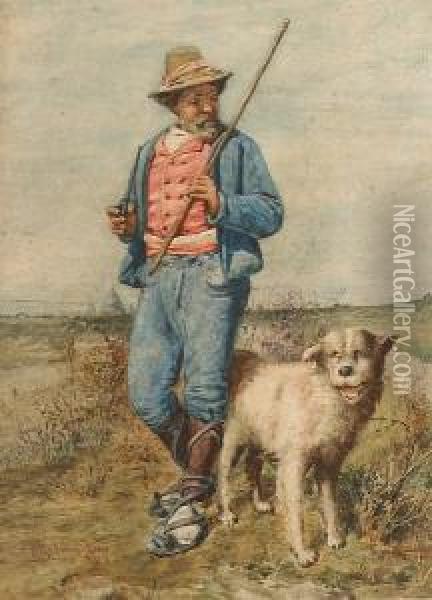A Man Walking His Dog In The Roman Countryside With St. Peter's In The Background Oil Painting - Pietro Gabrini