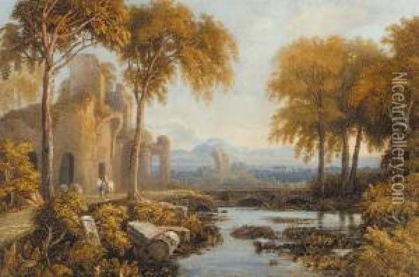 Figures And A Horse Beneath A Ruined Castle Oil Painting - Francis Oliver Finch