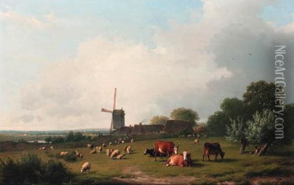 A Panoramic Summer Landscape With Cattle Grazing In A Meadow By Awindmill Oil Painting - Eugene Joseph Verboeckhoven