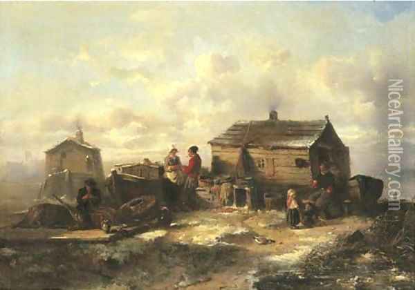 A fisher family from Marken conversing by a hut in winter Oil Painting - Herman Frederik Carel ten Kate