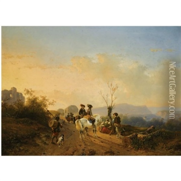 Travellers In A Summer Landscape Oil Painting - Joseph Jodocus Moerenhout