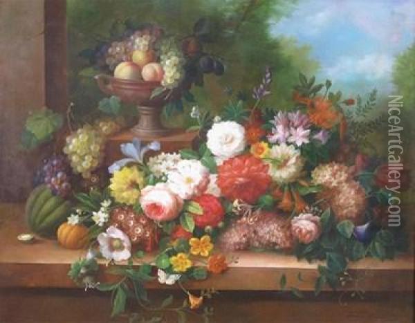 Still Life Of Flowers On A Ledge With Fruit In An Urn Oil Painting - Thomas Webster