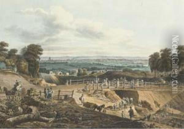 View Of The Excavated Grounds, For The Highgate Archway Oil Painting - Augustus Charles Pugin