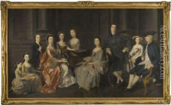 Portrait Of Sir Wolstan Dixie, 4th Bt. (1701-1767), Of Bosworthhall, Leicestershire, And His Family, Seated Around Aharpsichord Oil Painting - Henry Pickering