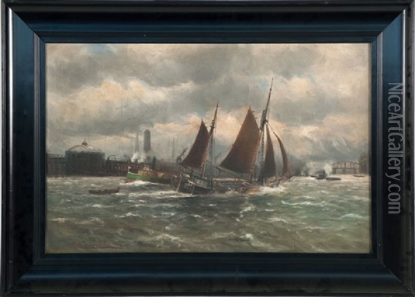 A Tug And Boats In Busy Harbor Channel Oil Painting - Alfred Serenius Jensen