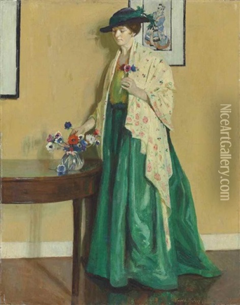 Lady In An Interior Arranging Flowers Oil Painting - Harold Harvey