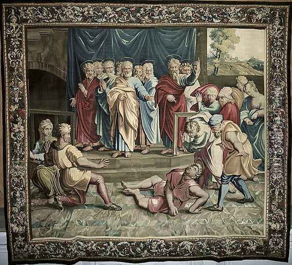 The Death of Ananias, from a series depicting the Acts of the Apostles, woven at the Beauvais Workshop under the direction of Philippe Behagle 1641-1705 1695-98 Oil Painting - Raphael (Raffaello Sanzio of Urbino)