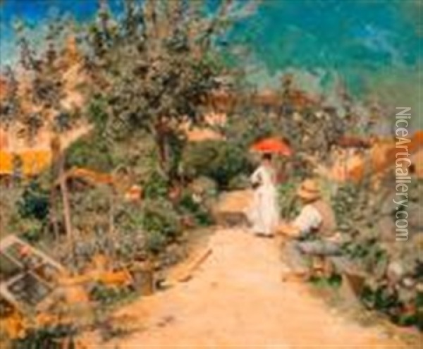 Promenade Dans Le Jardin, Jeune Femme En Blanc A L'ombrelle Et Jardinier Oil Painting - Pierre Georges Jeanniot