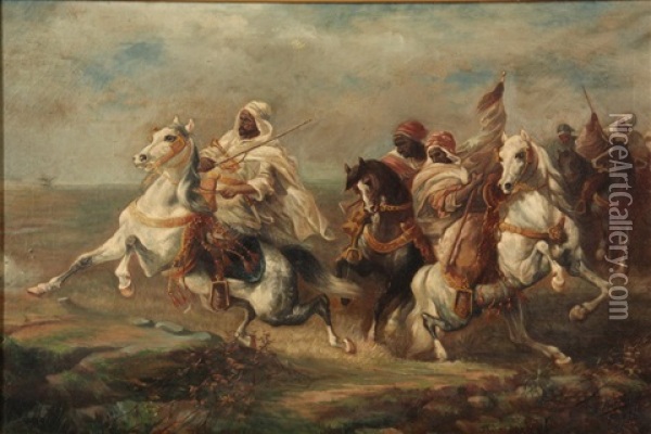 Bedouin Warriors (after Adolf Schreyer) Oil Painting - William Roethgen