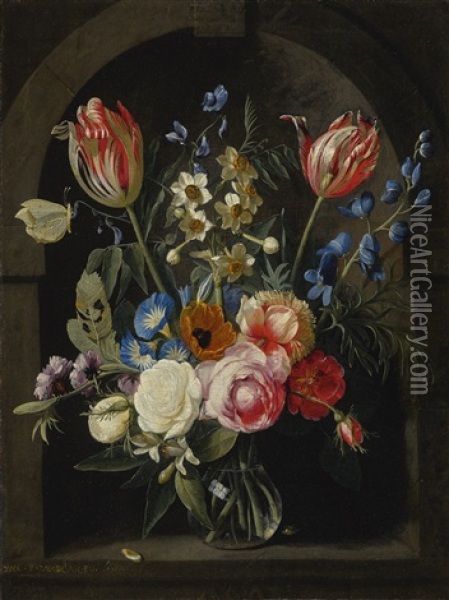 Still Life Of A Glass Vase Flowers In A Stone Niche With Tulips, Peonies, Narcissi And Other Flowers And A Butterfly Oil Painting - Gaspar Pieter Verbrueggen the Elder