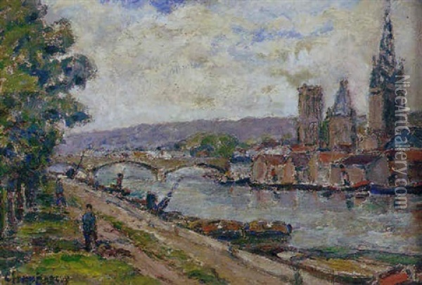 Vue De Rouen Pont Corneille Et L'ile Lacroix Prise Du Quai D'elbeuf Oil Painting - Adolphe Clary-Baroux