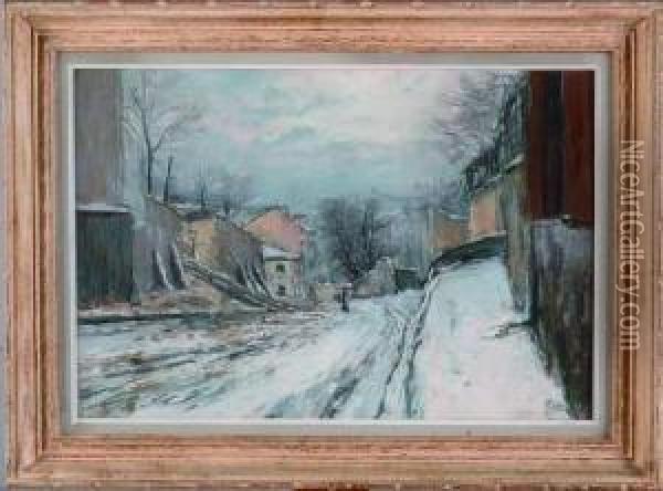 rue De Montmartre Enneigee Oil Painting - Pierre Jacques Pelletier