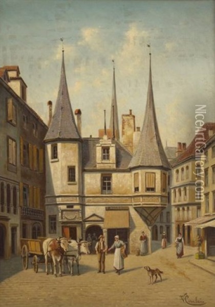 Place Du Marche Des Halles A Neuchatel En Suisse Oil Painting - Victor Carabain