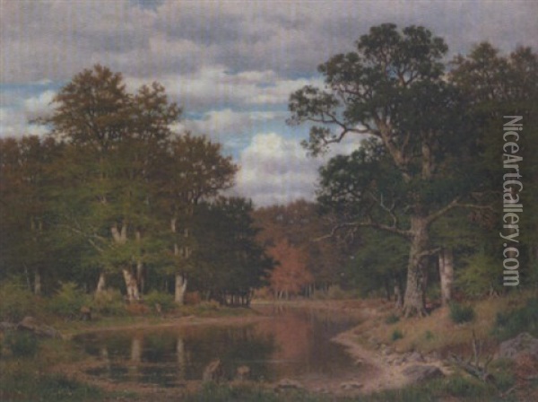 Herbstwald Mit Teich Und Rehwild Oil Painting - Karl Bennewitz von Loefen the Elder