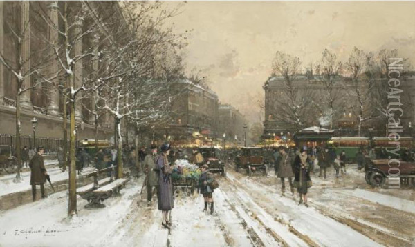Flower Market At The Madeleine In Winter Oil Painting - Eugene Galien-Laloue