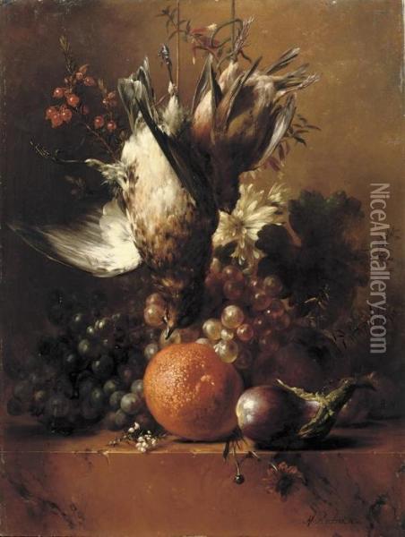 Flowers, Fruit And Poultry On A Ledge Oil Painting - Hendrik Reekers