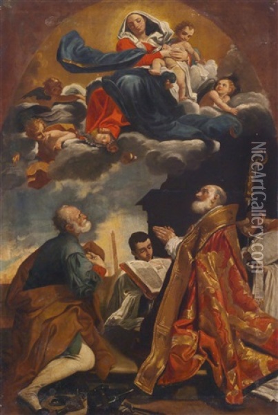 Die Madonna Mit Kind Erscheint Zwei Heiligen Oil Painting - Giacomo Cavedone
