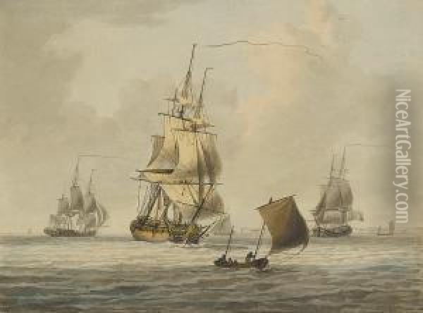 Men-o'war Manoeuvring Offshore Oil Painting - William Anderson