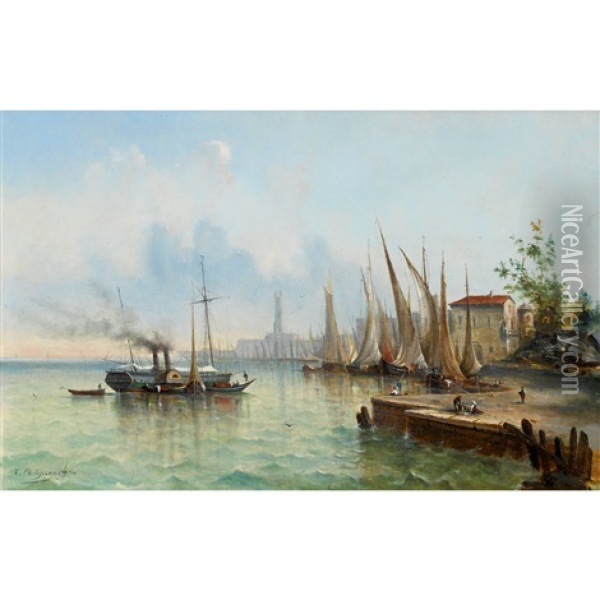 Hafenmole Mit Segelbooten Und Dampfschiff Oil Painting - Victor Philippe Flipsen