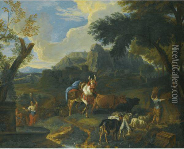 An Italianate Landscape With Women Carrying Water From A Well Oil Painting - Pieter van Bloemen