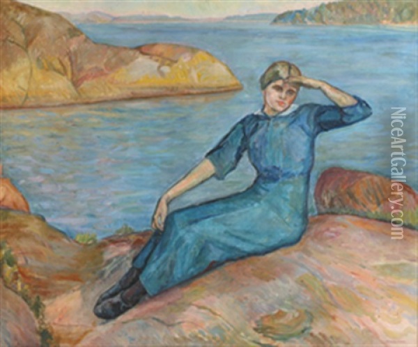 Landskap Med Sittende Kvinne Oil Painting - Oluf Wold-Torne