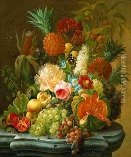 Still Life with a Melon and Grapes Oil Painting - Johannes Hendrick Fredriks