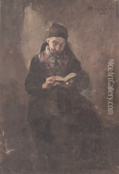 An Old Woman Reading A Book In An Interior Oil Painting - Mihaly Munkacsy
