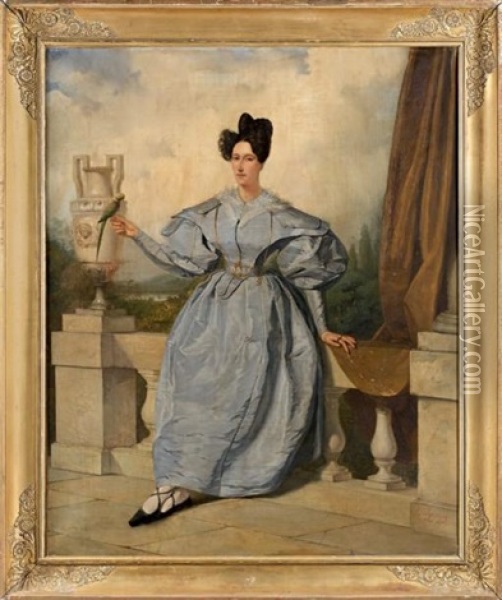 Portrait De Femme Au Perroquet Pres D'une Urne Oil Painting - Augustin-Luc Demoussy