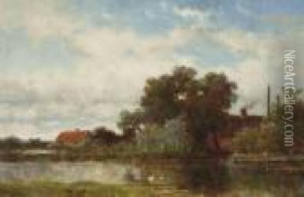 Farms Along A Waterway Oil Painting - Willem Roelofs