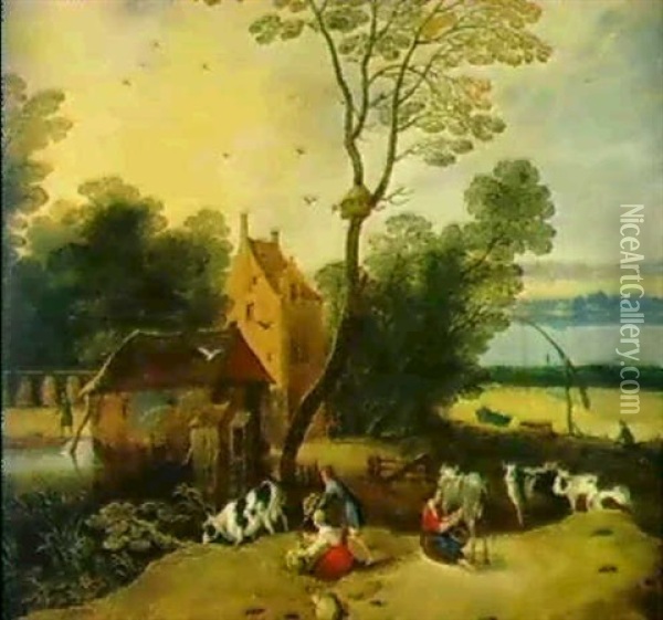 Flusslandschaft Mit Einem Gutshof Und Bauern Und Kuhen Oil Painting - Frans de Momper