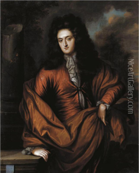 Portrait Of A Gentleman, Half Length, Wearing Red With An Orange Cloak, Standing In A Landscape Oil Painting - Regnier de La Haye