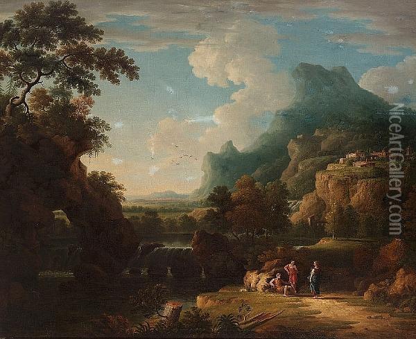 An Italianate Landscape With Figures Beside A Waterfall, A Hilltop Village Beyond Oil Painting - Jan Frans Van Bloemen (Orizzonte)