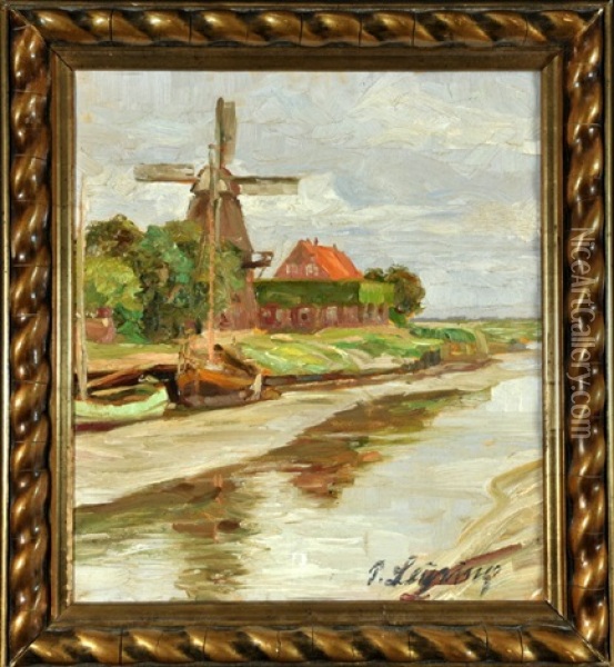 Niederlandische Flusslandschaft Mit Booten Und Windmuhle Oil Painting - Piet Leysing