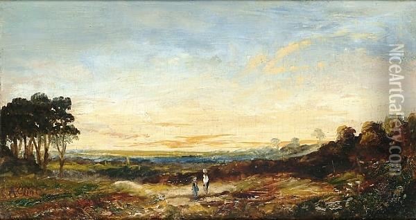 Figures On A Heath; A River Landscape Oil Painting - Alfred Clint