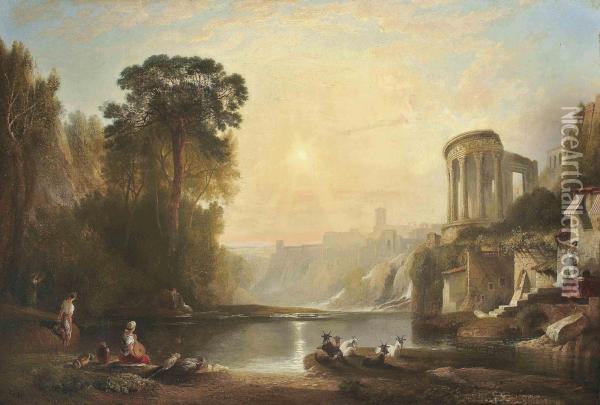 A Classical River Landscape, Sunset Oil Painting - James Baker Pyne