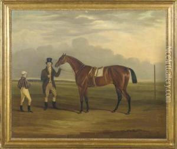 Chorister, A Bay Racehorse Held By A Groom, With A Jockey, On Aracecourse Oil Painting - William Nedham