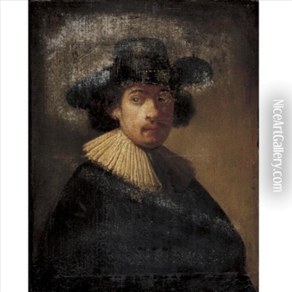 Portrait Of A Man, Half Length, Wearing A Black Hat Oil Painting -  Rembrandt van Rijn