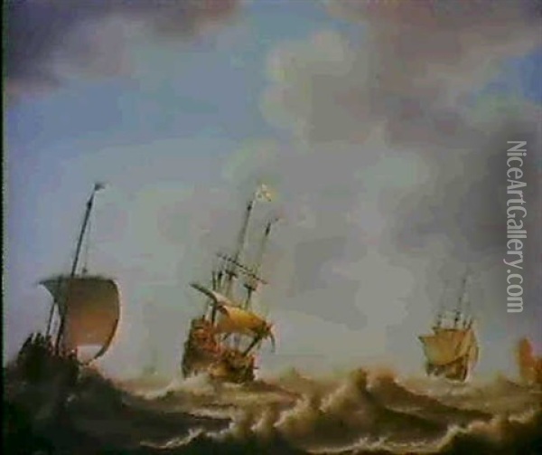Zwei Dreimaster Und Ein Fischerboot Auf Bewegter See. Oil Painting - Jacob Gerritz Loef