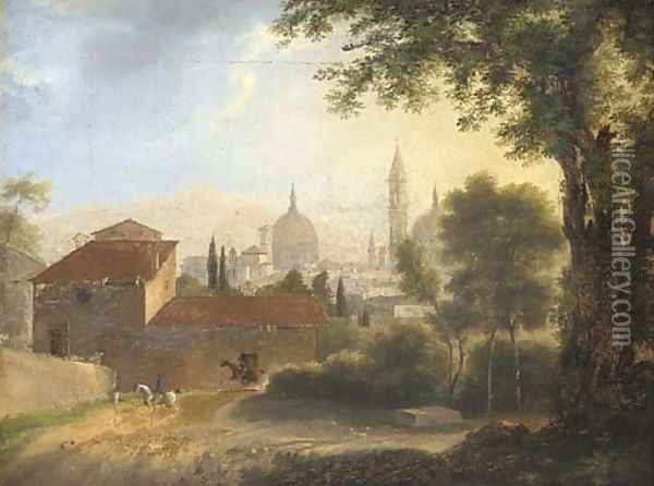 A view of Florence with horsemen on a track in the foreground Oil Painting - Fabre, Francois Xavier