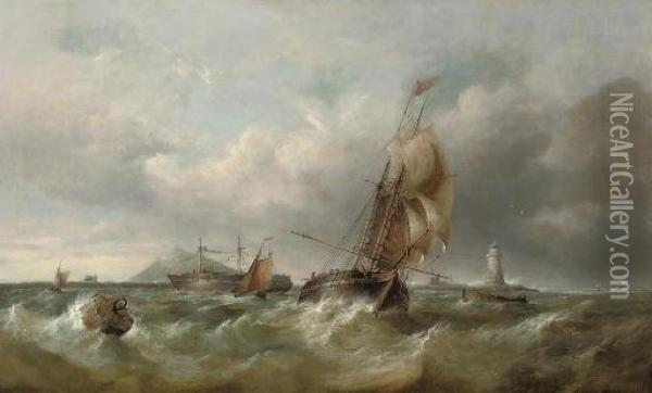 A Trading Schooner In Congested Waters Off A Lighthouse Oil Painting - Henry King Taylor