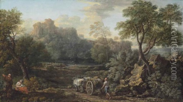 A Wooded River Landscape With A Farmer And His Ox-drawn Cart On A Path Oil Painting - John Wootton