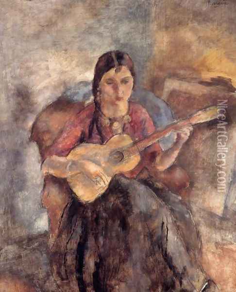 Gypsy with a Guitar Oil Painting - Jules Pascin