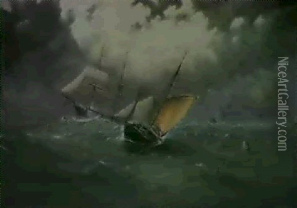 Ships On A Stormy Sea Oil Painting - James Haughton Forrest