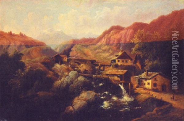 Mountainous Landscape With Mill And River Oil Painting - Anton Doll